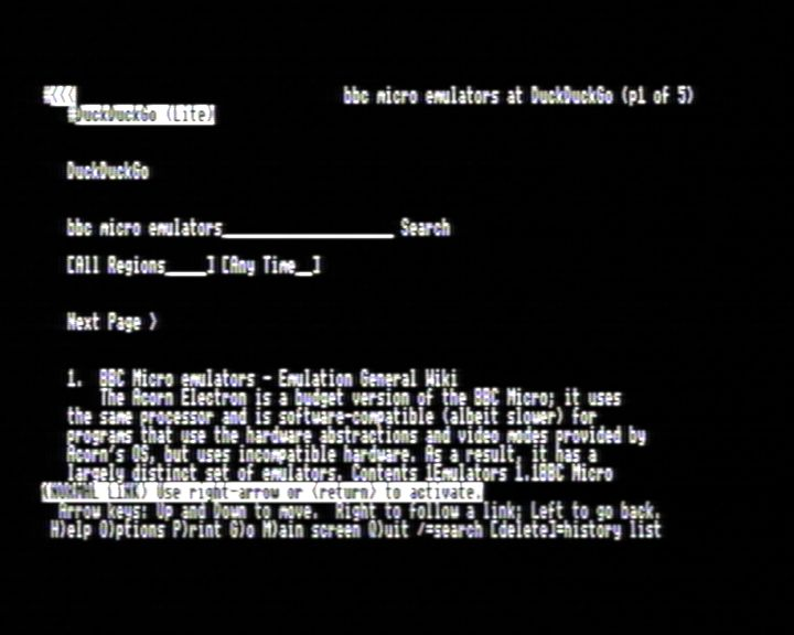 A BBC Master screen showing DuckDuckGo Lite search results for 'bbc micro emulators' in lynx